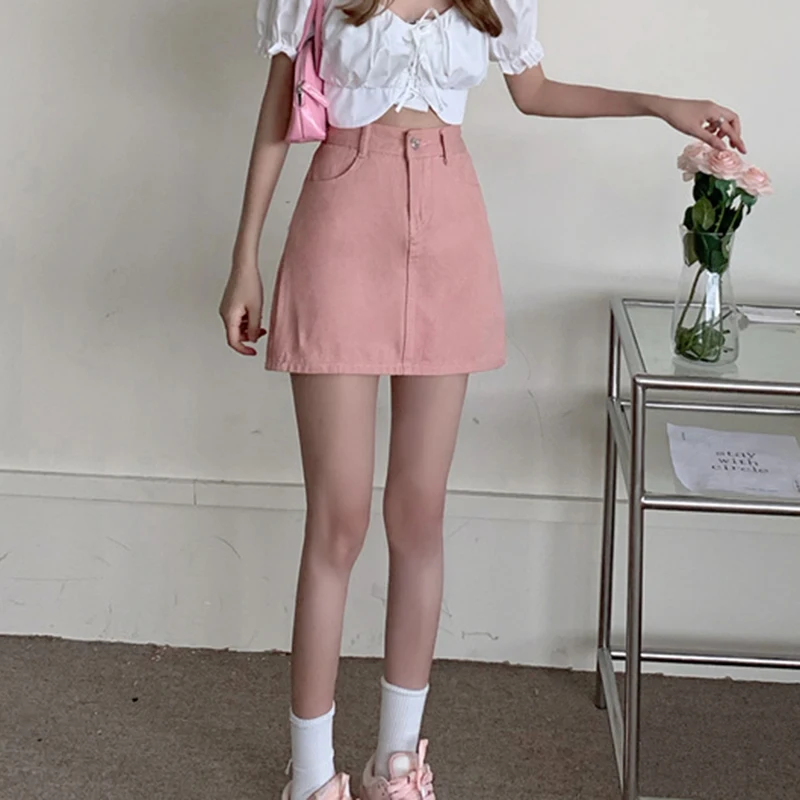 JMPRS Cute Pink Women Denim Skirt Korean High Waist A Line Fashion Designed Summer Jeans Mini Skirts Casual Slim Ladies Skirt white pleated skirt