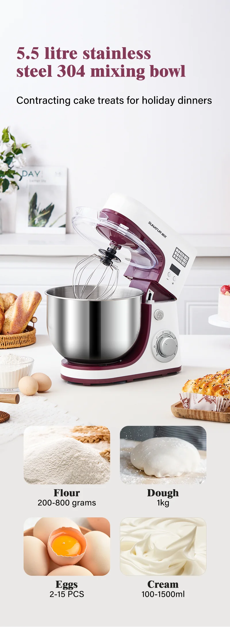SUNATUR 5.5L Stand Mixer 1300w Planetary food Processor Timed dough kneader electric kitchen blender cream whipper Filling Mixer