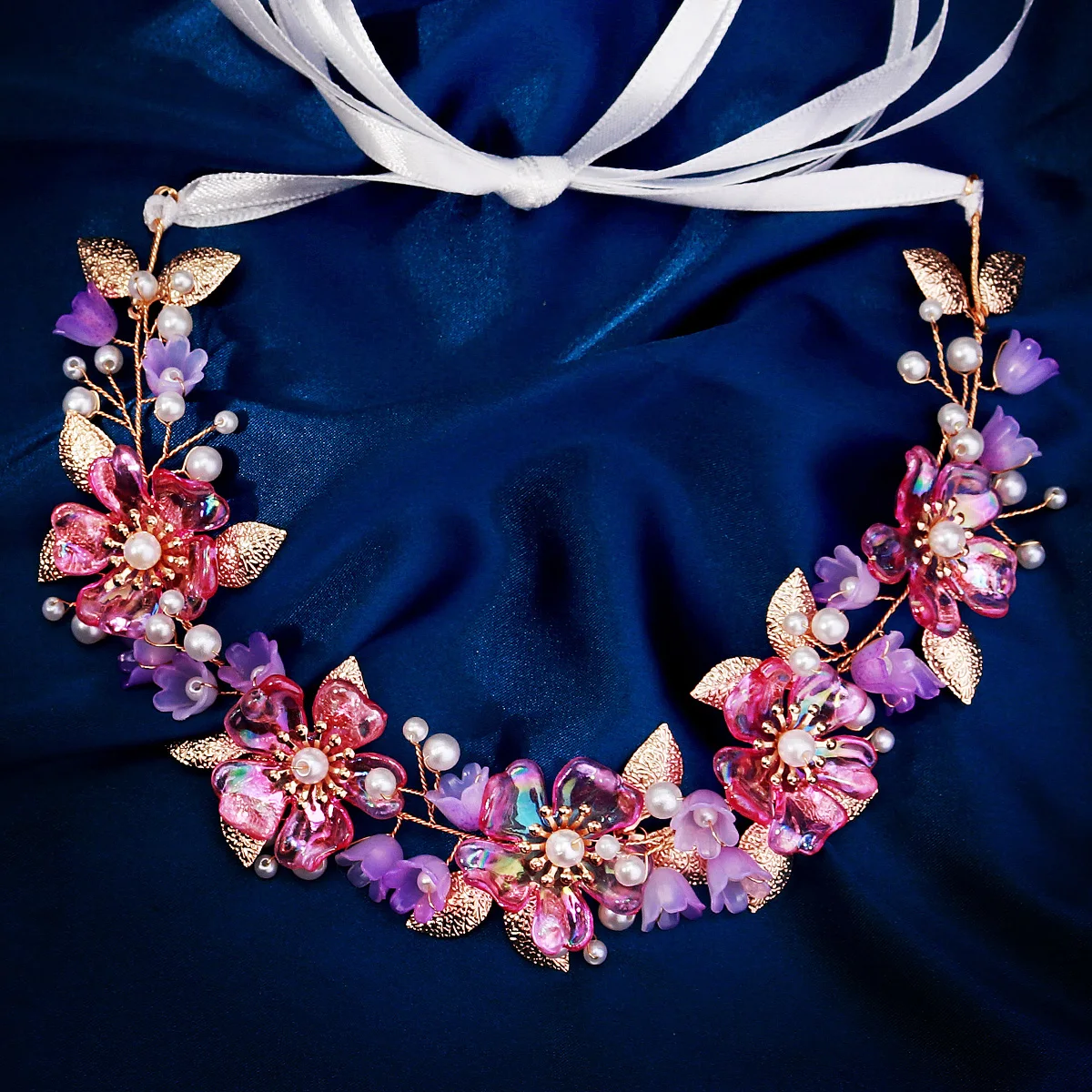 Rosa süße zarte Blumen Metallic Blatt Damen Haarbänder Luxus Perlen Perlen Stirnband Party Performance Haarschmuck – Detail 5