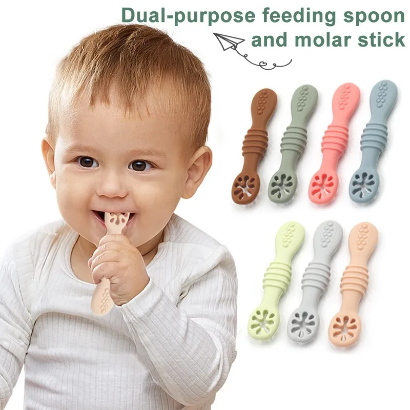 

Baby Silicone Learning Spoons Eating Training Utensils Baby Silicone Teether Toys Soft Bite Resistant Baby Molar Teether Stick