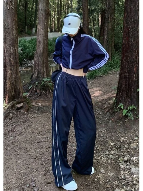 QWEEK Y2K Vintage Navy Blue Track Pants Women Gorpcore Streetwear