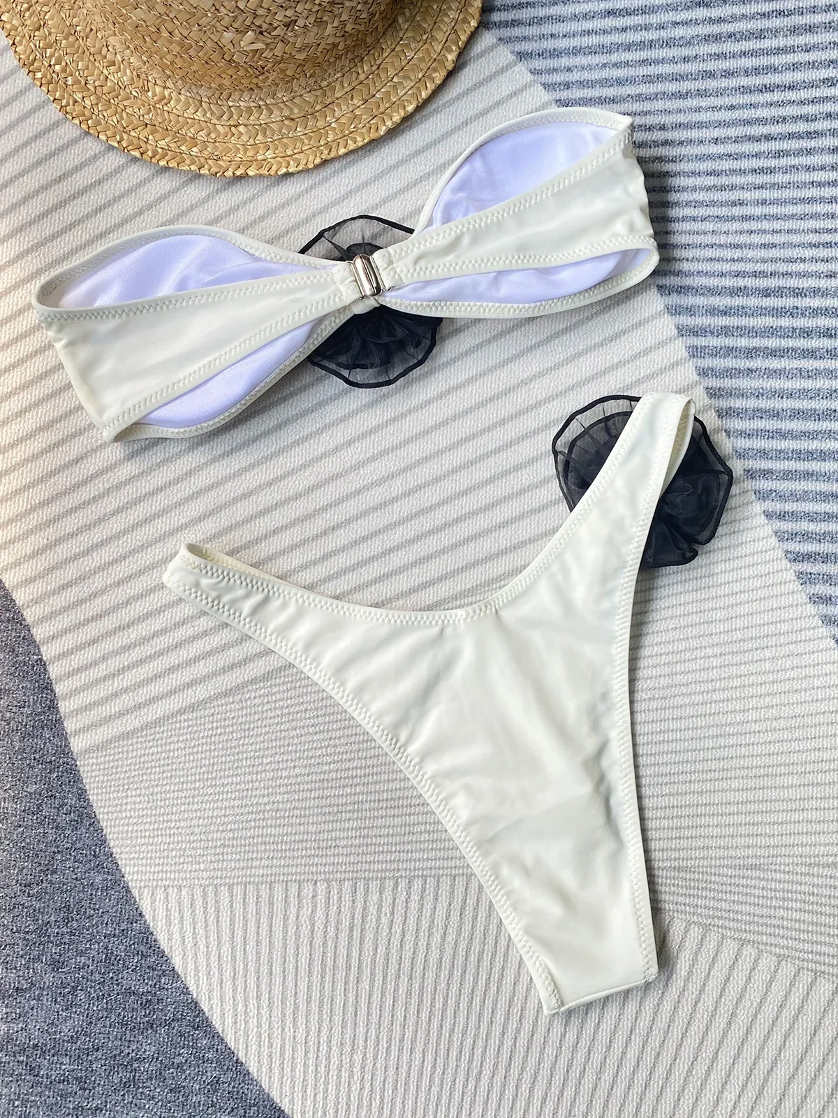 Sexy Flower Striped Print Bandeau Bikinis Sets Mujer Micro Thong Swimsuits Women Swimwear High Cut Bathing Suit Bikini Beachwear