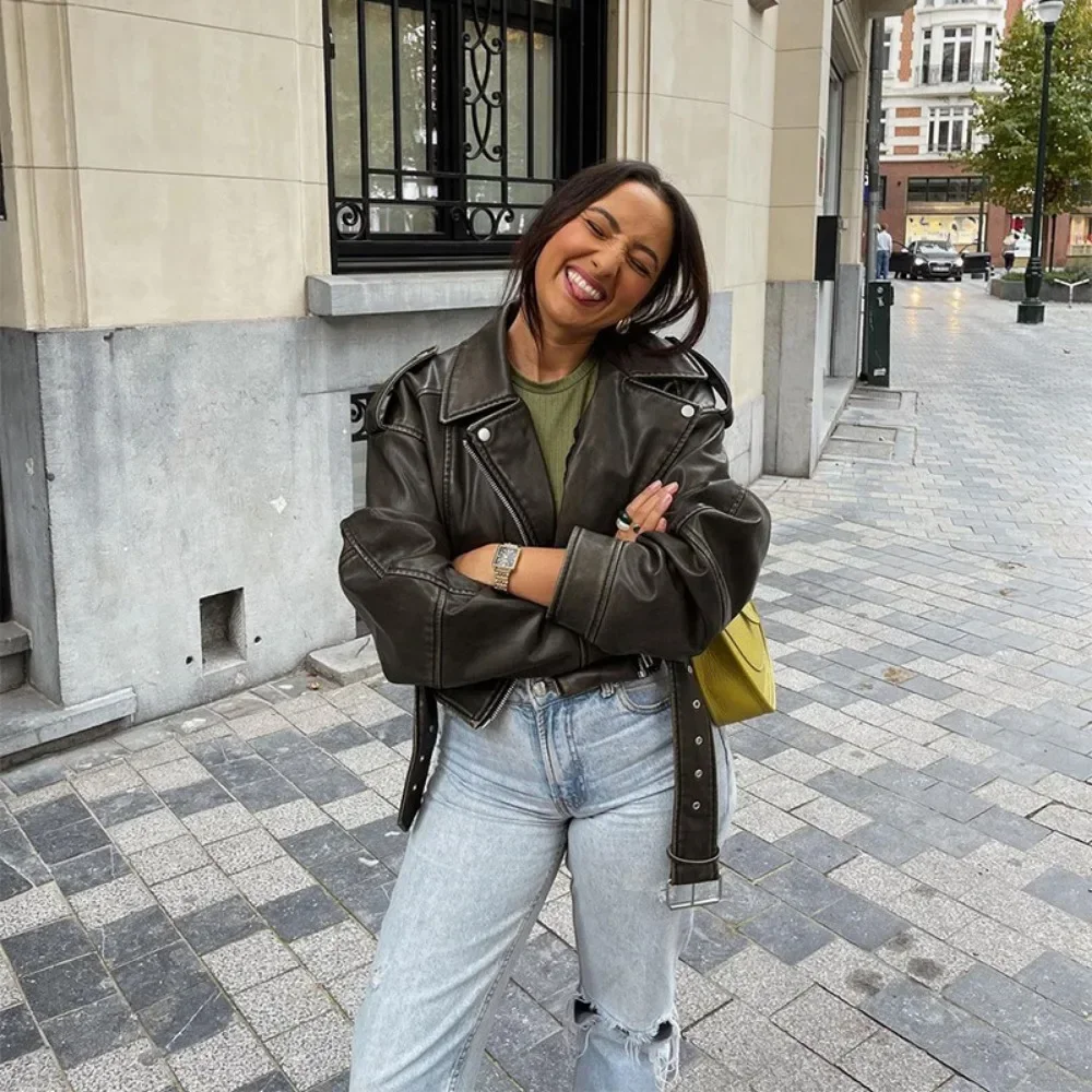 New Short Faux Leather Jacket 2024 Women Vintage Loose Pu with