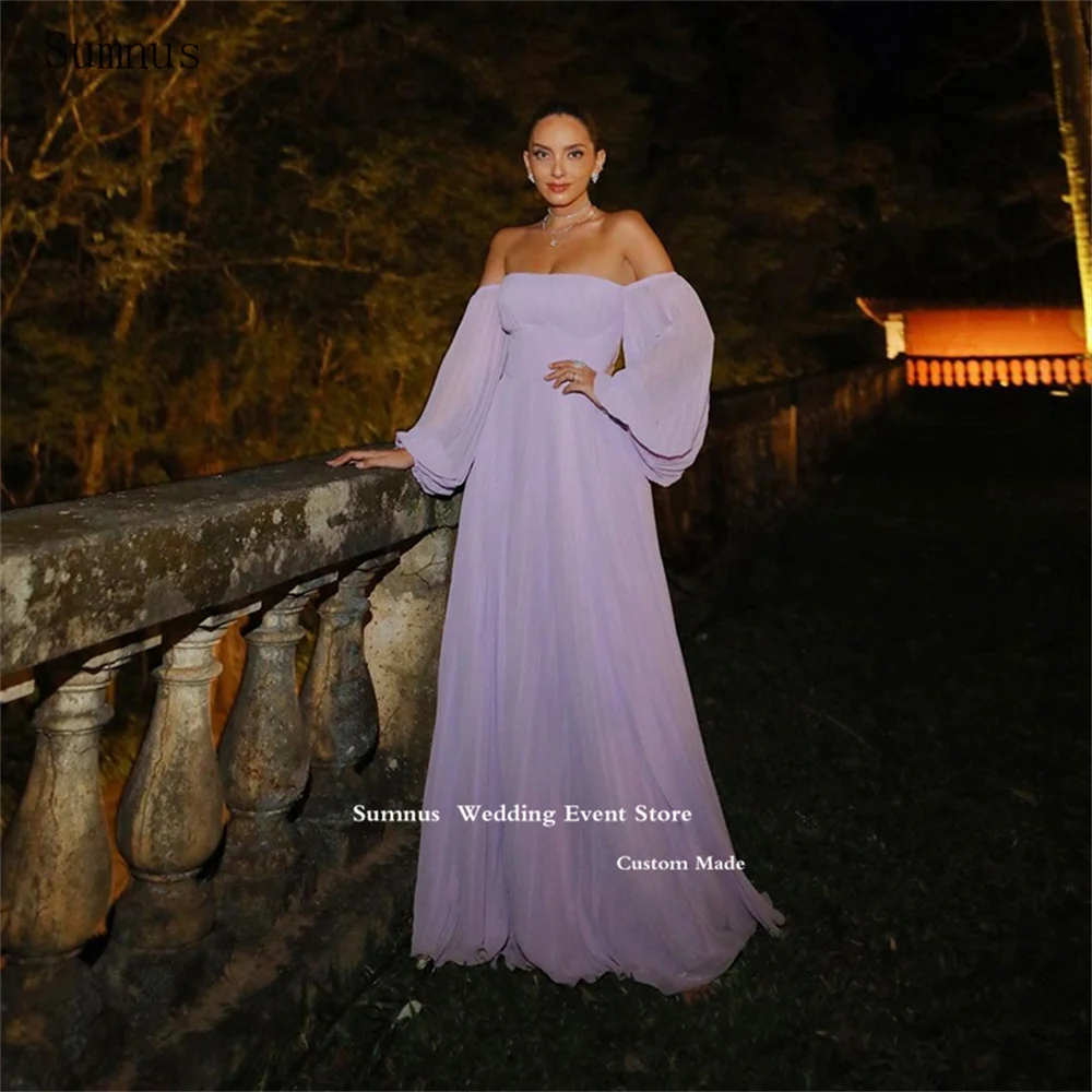 

Sumnus Beach Chiffon Prom Dresses Strapless Long A Line Puff Sleeves Backless Party Dresses Formal Occasion Dresses 2023
