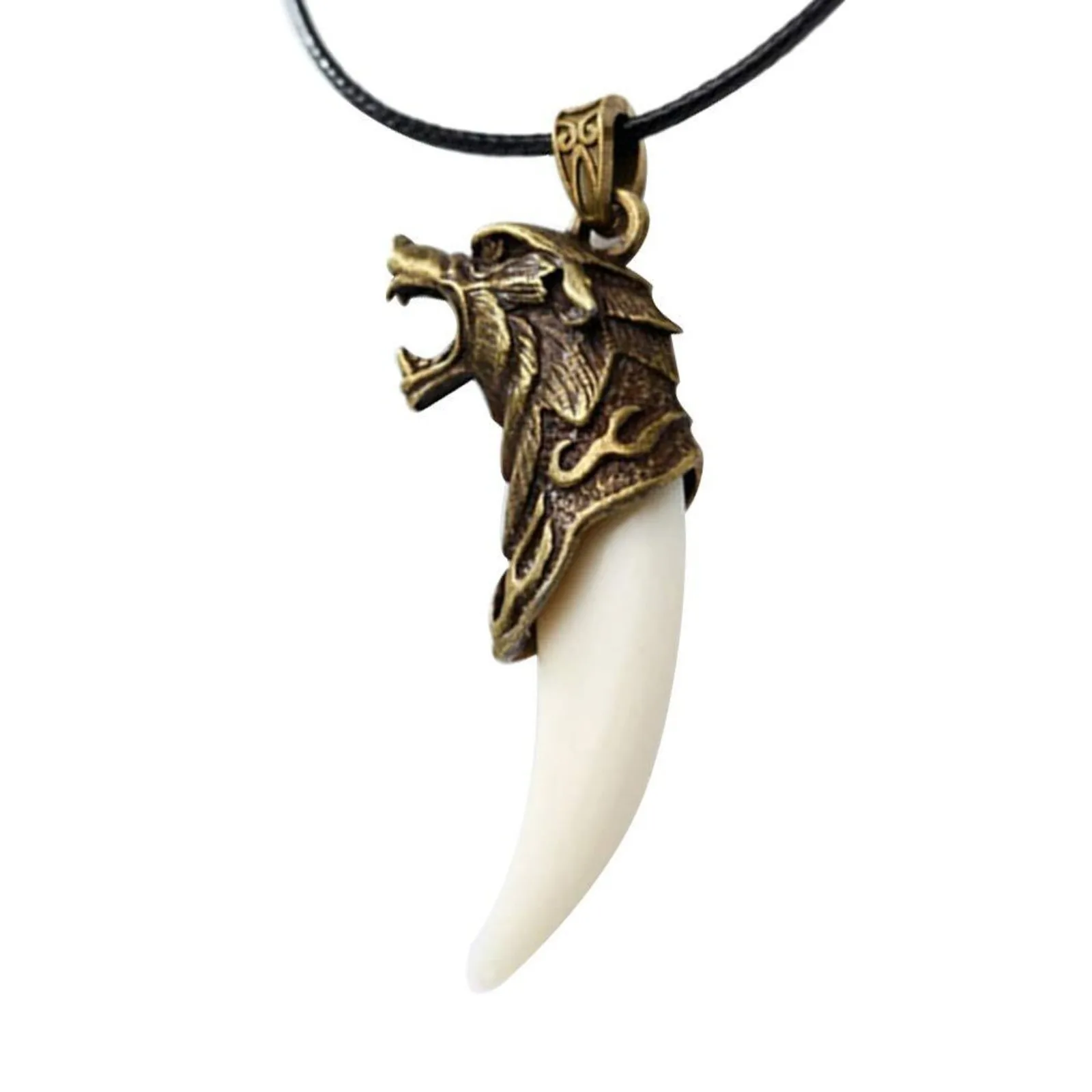 Men Antique Tribal Carved Wolf Fang Tooth Pendant Faux Leather Rope Necklace