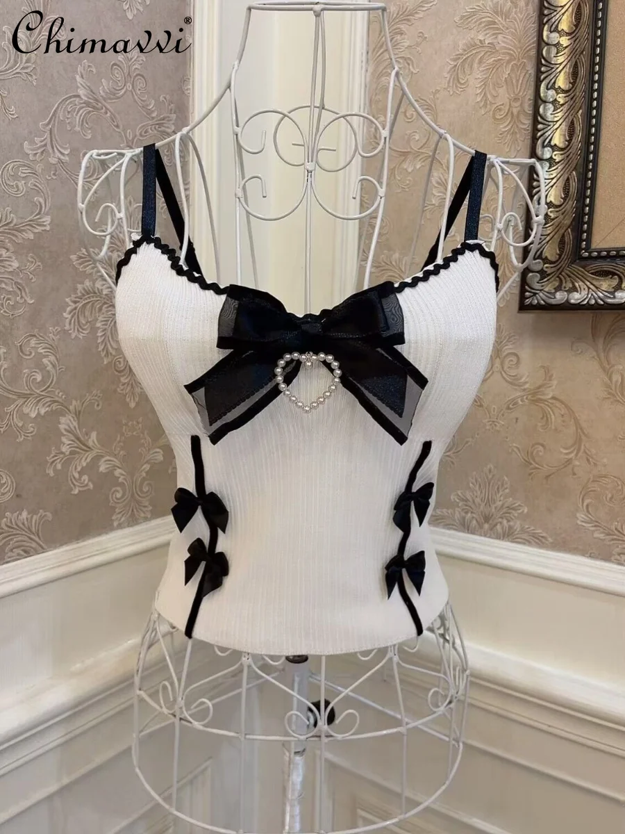 

Lolita Princess Y2k Tops Bow Love Diamond Wave Lace Slim Fit Midriff-Baring Short Tank Top American Sweet Elegant Camisole Vest