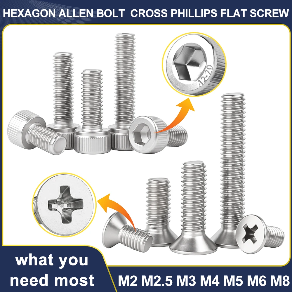 Hexagon Socket Screw M2 M2.5 M3 M4 M5 M6 M8 304 Stainless Steel DIN912 Hexagonal Allen Countersunk Head Cross Phillips Flat