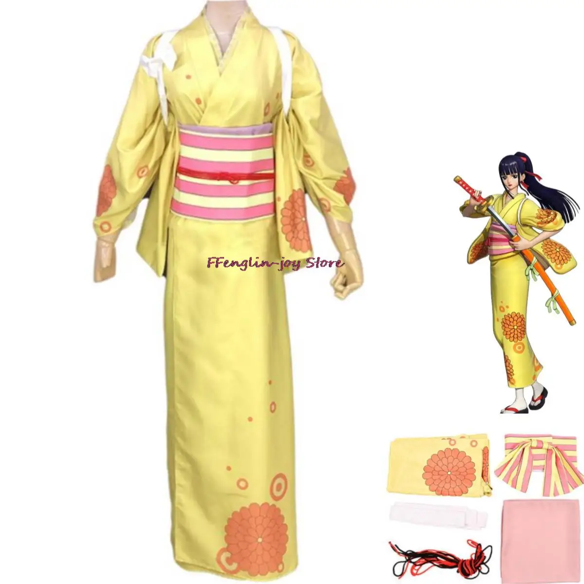 

Anime Kikunojo Cosplay Costume O-Kiku Wano Kuni Country Nine Red Scabbards Yellow Kimono Bathrobe Woman Sexy Carnival Suit