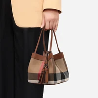 New Plaid Canvas & Cowhide Small Handbag for Women – Caramel Color Designer Shoulder Purse, Vintage Checkered Fashion Bag - Image 2