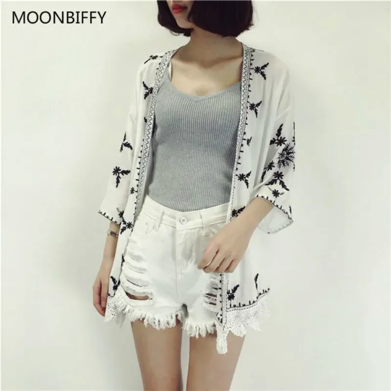 Maternity Ethnic Boho Kimono Cardigan Vintage Floral Embroidery Cardigan Girl Red Black White Cardigans Maternity Women Summer