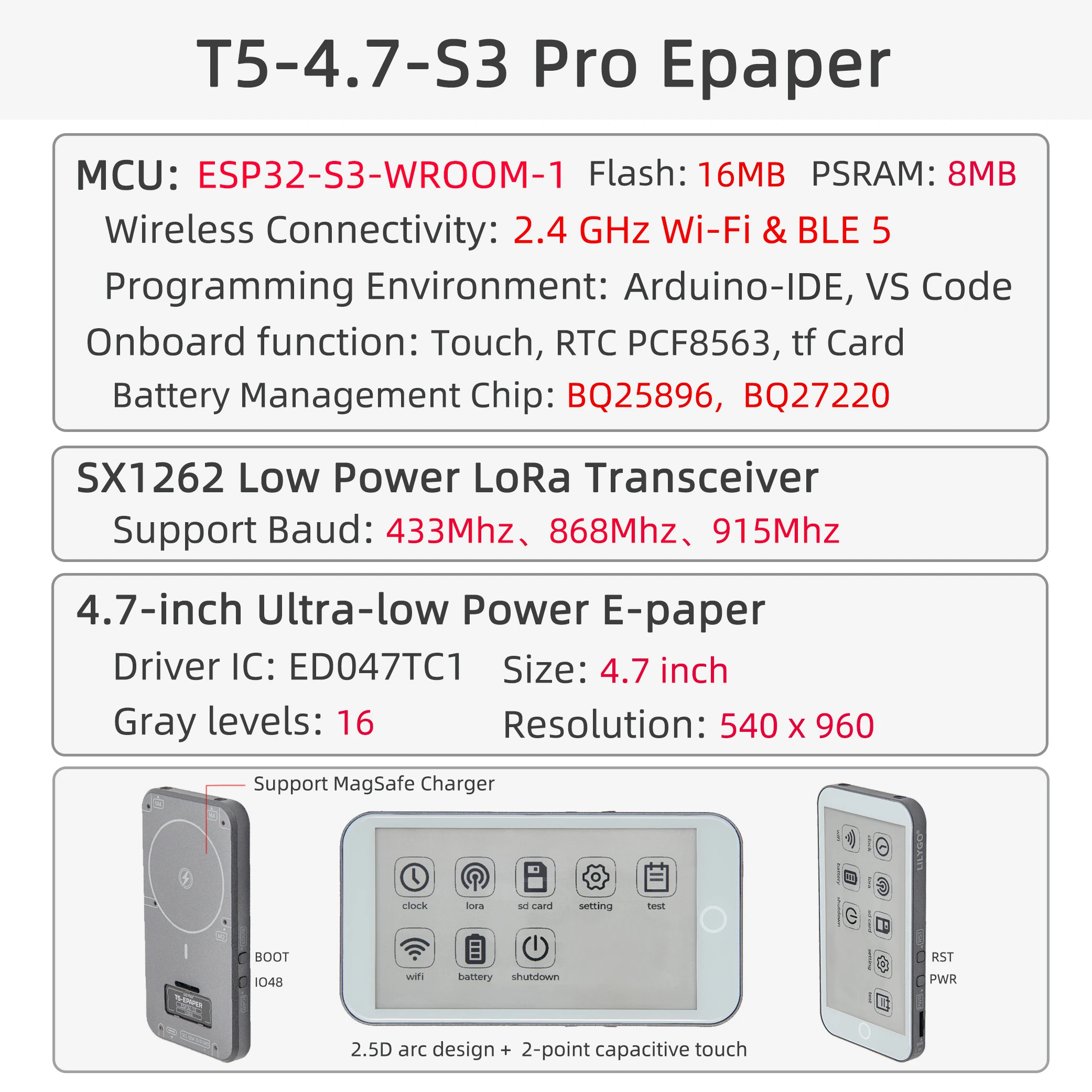 LILYGO® T5s3 pro 3,5-Zoll-E-Paper-Display ESP32-S3 Lora-Funkmodul 16 Graustufen E-Paper-Entwicklungs platine mit extrem geringem Strom verbrauch – Detail 2