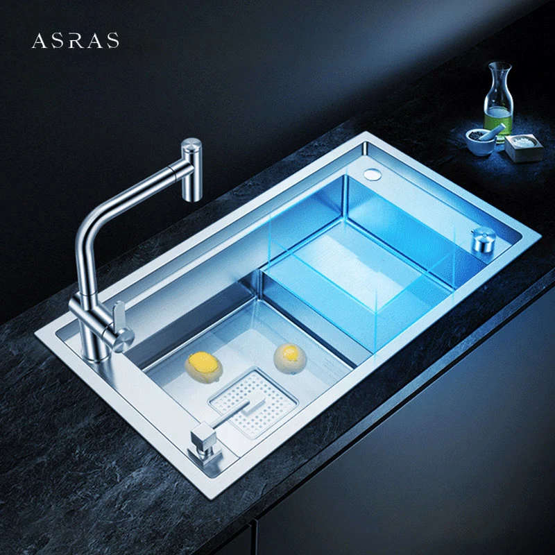 ASRAS Stepped Sink 304 Stainless Steel Kitchen Sink 4mm Thickness 220mm Depth Large Size Handmade Brushed Stepped Kitchen Sinks