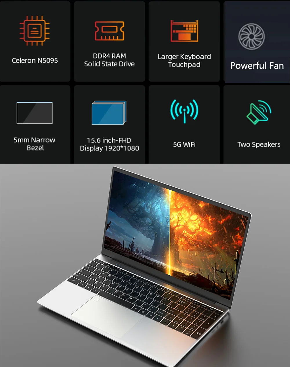 BYONE 15.6" Game Laptop intel Celeron N5095 Fingerprint UnIock DDR4 16G RAM 512G 1T SSD Windows 11 Thin Gaming