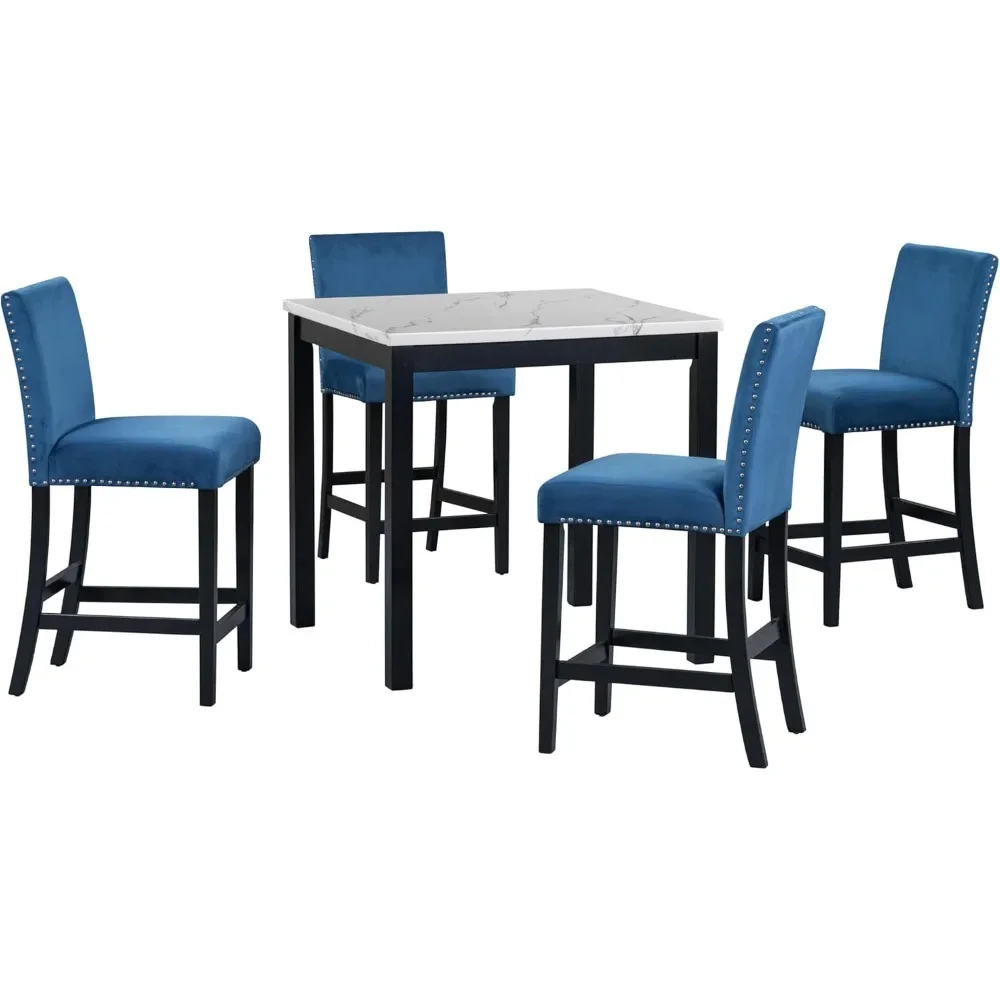 Dining Table Set with Faux Marble Dining Table and 4 Upholstered-Seat Chairs, 5 Piece Dining Room Table Set, Blue+Black