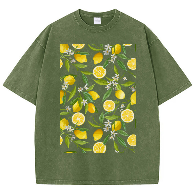 Fresh Fruit Lemons Pattern Washed T Shirt Women Summer Hip Hop Tops Cotton All-Match Sportswear Oversized Soft Woman Clothes