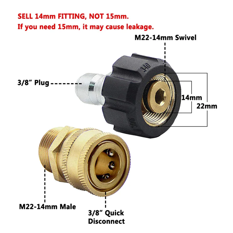 Pressure Washer Quick Connector Adapter Kit M22 14mm x 3/8inch Quick Disconnect Plug 5000PSI High Pressure Brass Fitting 2