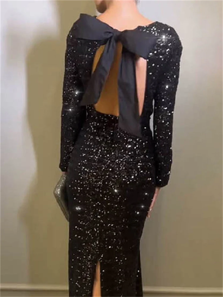 

Tossy Tee Bow Sequin Slim Maxi Dress For Women Backless Split Glitter Elegant Club Fashion Party Dress Ladies Long Sleeve Dress