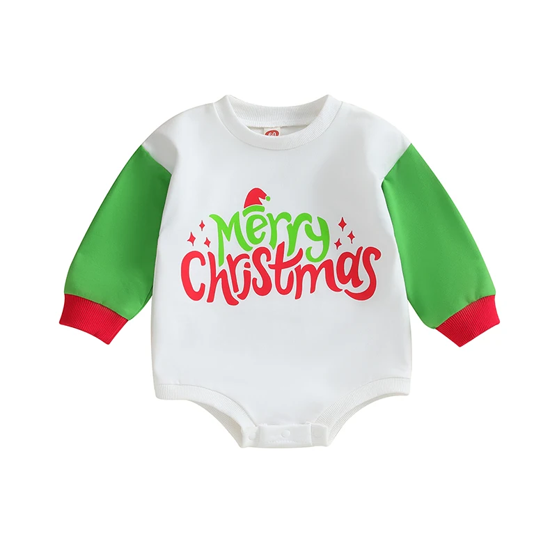 

Baby Christmas Romper Long Sleeve Crew Neck Tree/Letter Print Bodysuit Newborn Playsuit