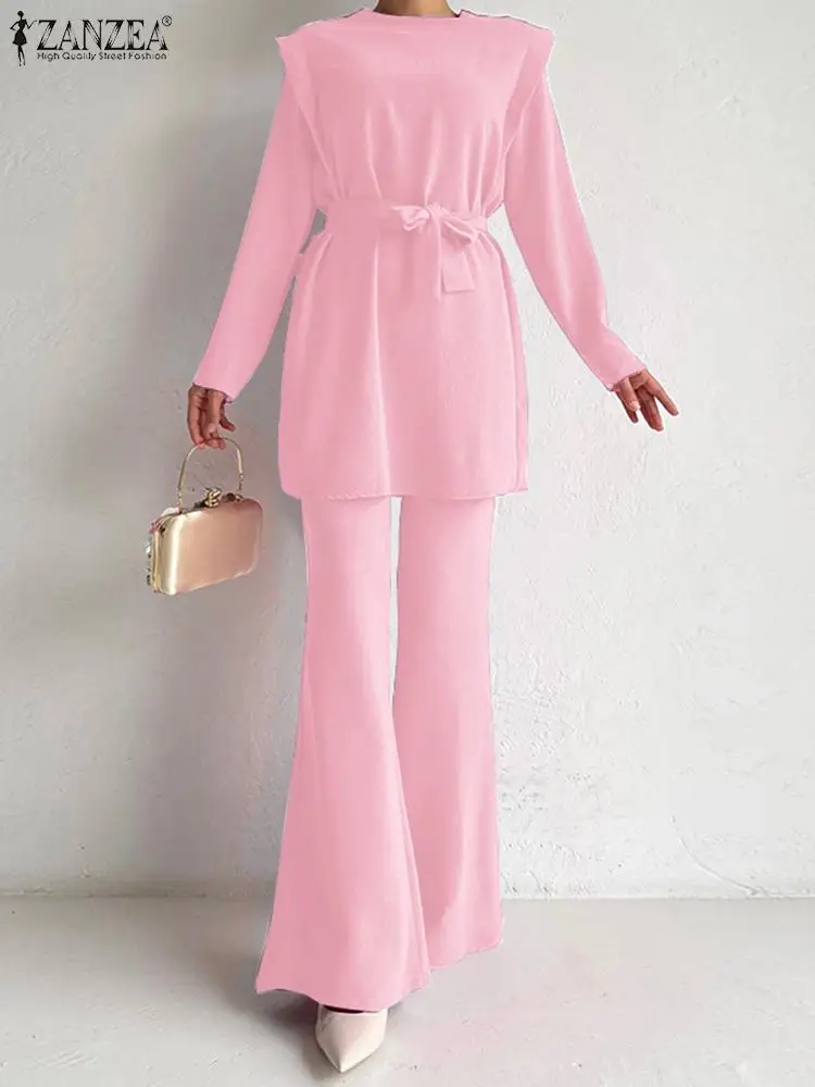 

Костюм ZANZEA женский праздничный из двух предметов, Модный бандажный Длинный топ с расклешенными брюками и с длинными рукавами, элегантный костюм с оборками