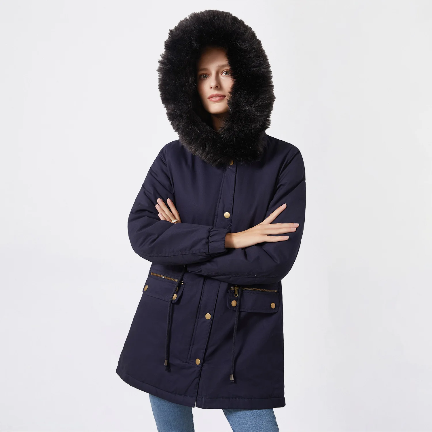 

Winter women' new-style Parker flocking thickened cotton coat hooded hairy collar jacket solid color loose warm cotton clothing