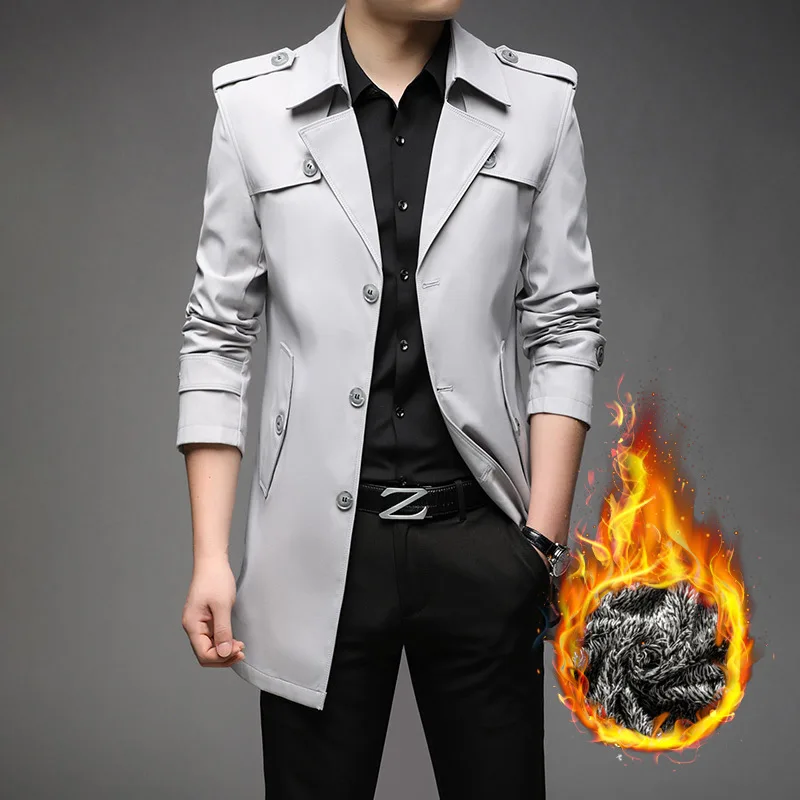 Men Autumn Winter Classic Plush Trench Windbreaker Coat Solid Business Casual Long Jacket Outerwear