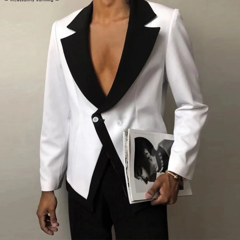 

White Jacket Black Pant Fashion Men Suit High Street Notch Lapel Slim Fit Blazers Casual High Quality Custom 2 Piece Set Costume