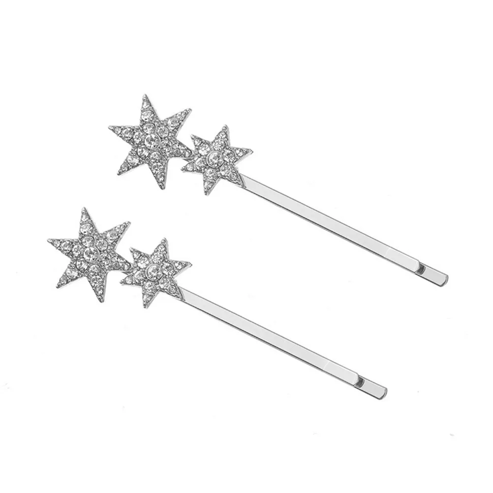 2Pcs 튼튼한 금속 크리스탈 스타 헤어 클립 여성 세련된 우아한 선물 라인스톤 펜타그램 바비 핀 스타 헤어 액세서리