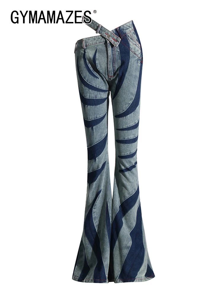 

GYMAMAZES Irregular Striped Jeans For Women High Waist Patchwork Pockets Temperament Slimming Jean Female Fashion Style Clothing