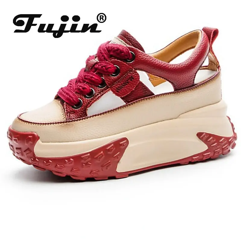 

Fujin/женские кроссовки на платформе 8 см 6 см из натуральной коровьей кожи; Женские повседневные летние туфли на шнуровке