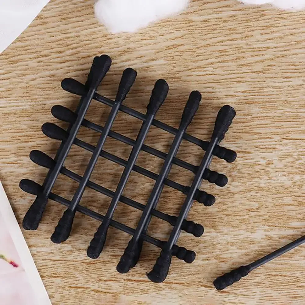 200pcs Disposable Cotton Swab Spiral Ear Cleaner Black Double Heads Medical Swab Lipstick Eyebrow Eyelash Cotton Bud Makeup Tool 5