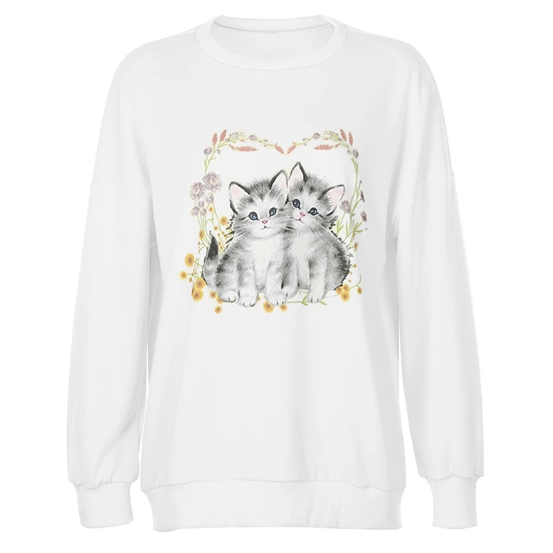 

Women Autumn Long Sleeve Crew Neck Sweatshirt Cute Small Kitten Floral Printed Pullover Tunic Tops Harajuku Oversized Loose N7YE