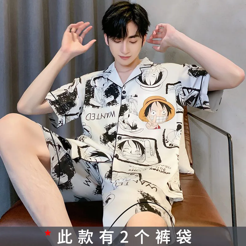 Men's Pajamas, Short Sleeved Shorts, Thin Ice Silk, Summer Men's Summer Silk, Men's Outdoor Home Clothing Set Sleepwear Pajama