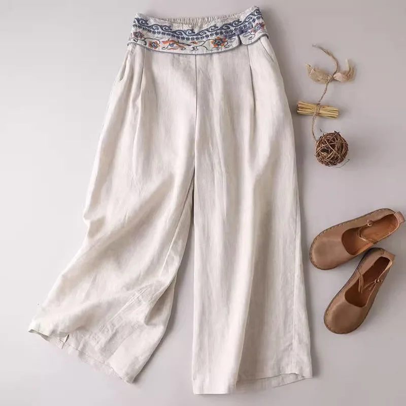 Chinese Style Cotton and Linen Wide Leg Pants Summer Women Straight Cylinder Elastic Waist Embroidery Loose All-match Trousers