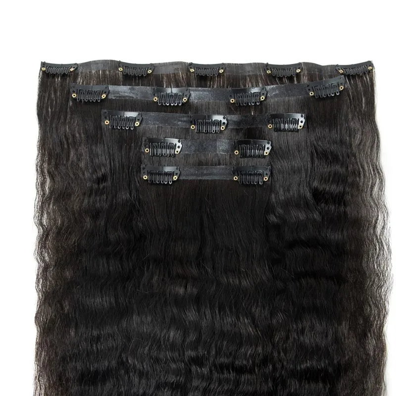 Kinky Straight Long PU Weft Clip In Human Hair Extensions Seamless Clip On Hair Yaki Natural Remy in Extensions