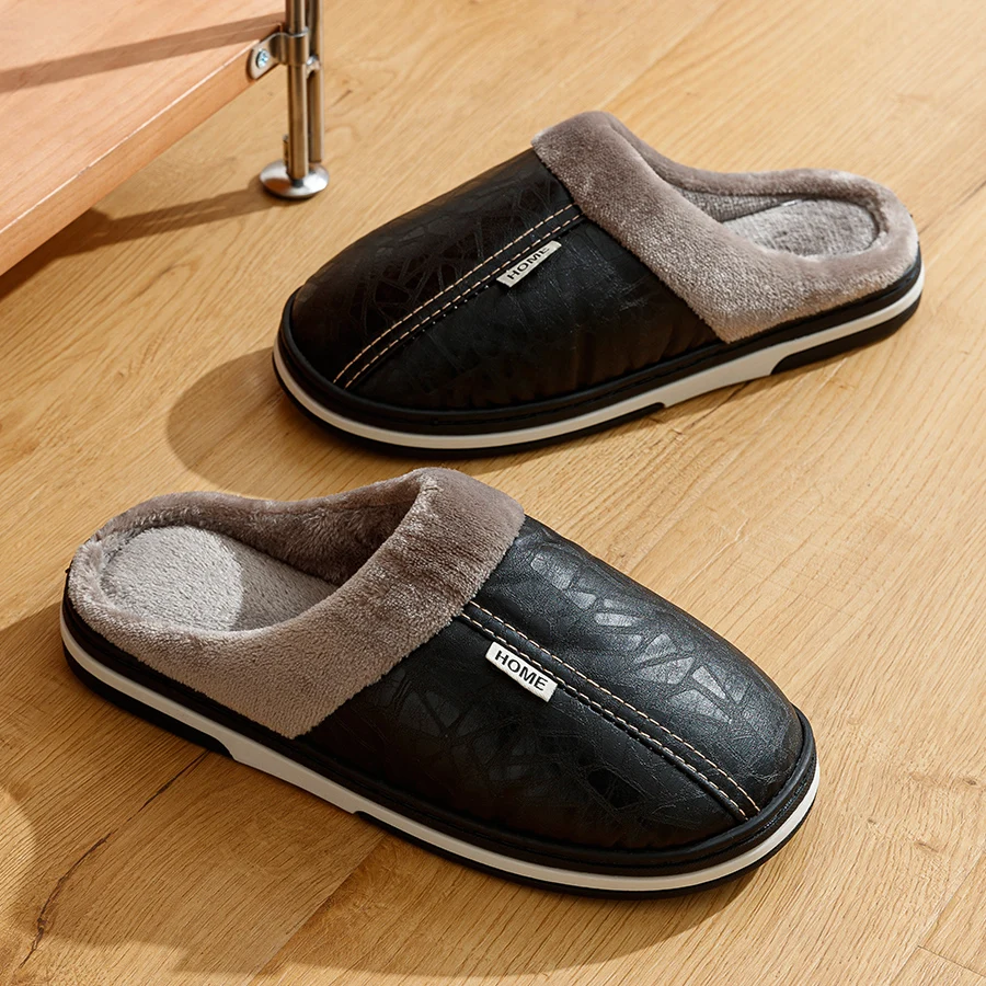 Big Size Winter Casual Men's Slippers Indoor Waterproof PU Leather Home Shoes Fur Flat Warm Fashion Bedroom Houseshoes fur slippers