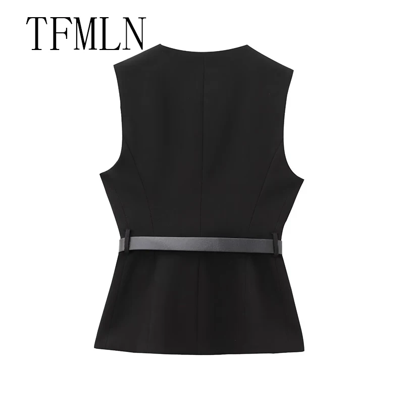 TFMLN Women Fashion Waistcoat Vest With Belt 2025 Vintage Sleeveless Front Button Female Outerwear Chic Vest Tops