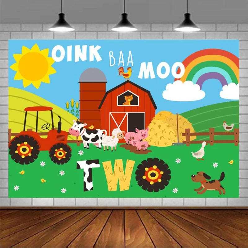 

Happy 2nd Birthday Party For Kids Photography Backdrop Cartoon Farm Background Red Barn Rustic Farm Animals Banner Decorations