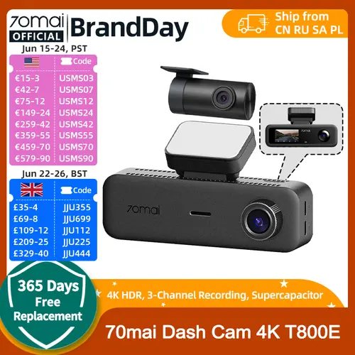 70mai T800E 3-Channel Front 4K + Rear 1080P + Interior 1080P HDR Supercapacitor 24H Parking GPS WiFi 6 70mai T800E Voice Control