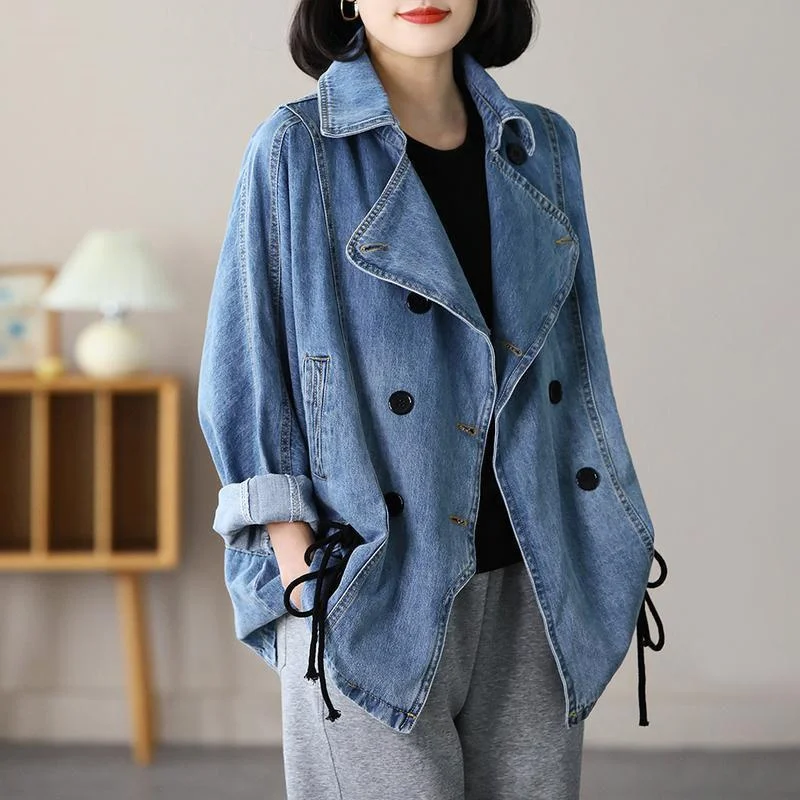 

2023 Loose Double-breasted Denim Jacket Women Spring Autumn Drawstring Coat Lady Casual Tops Fashion Jean Outerwear Windbreaker