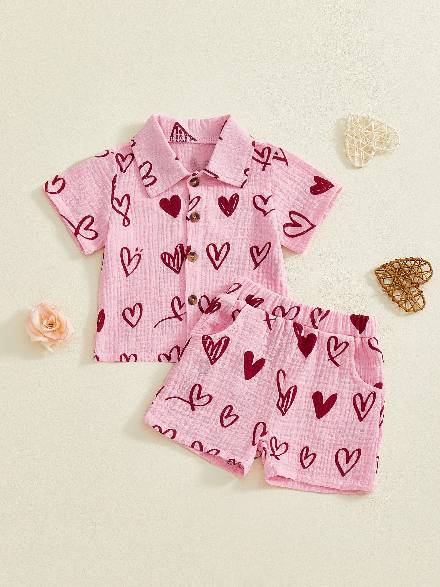Toddler Boys Valentine’s Day Outfit Heart Print Short Sleeve Shirt with Elastic Waist Shorts Summer Outfit