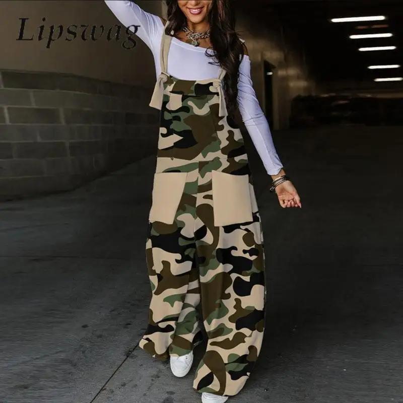 

Camouflage Autumn Print Strappy Jumpsuit One-piece Casual Loose Wide-Leg Pockets Romper Women Vintage Fashion Overalls Playsuit