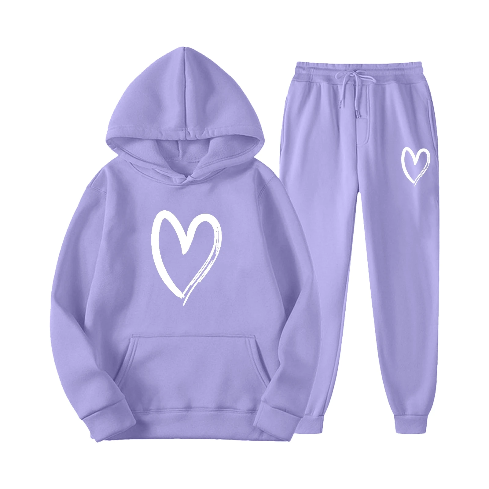

European and American hoodie set, oversized loose casual pants, printed heartbeat plush long sleeved hoodie set