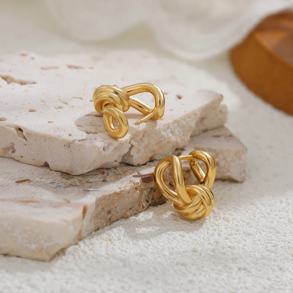 Classics Gold Color Mini Knot Hoop Earrings for Women Girls Stainless Steel Geometric Huggie Ear Buckle Waterproof Jewelry Aros