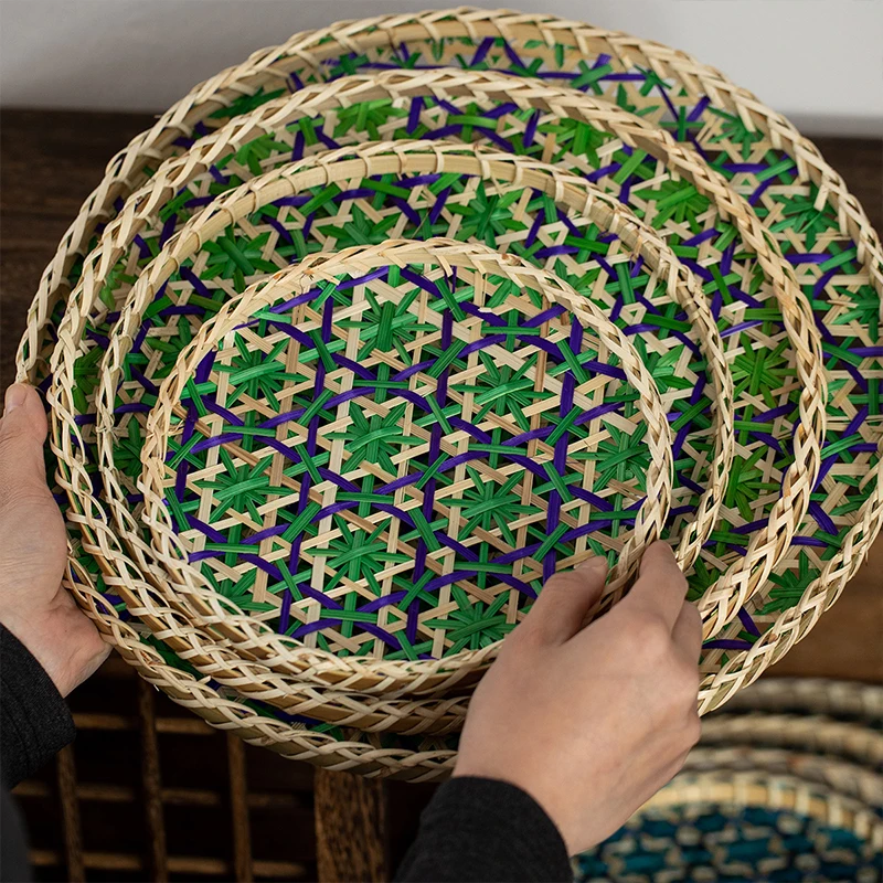 Handmade Bamboo Round Tray Colorful Fruit Bread Basket Dried Fruit Plate Bohemian Style Food Tray Living Room Home Decor 1PC