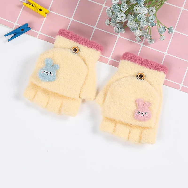 3-8 Year Old Winter Children's Plush Contrasting Rabbit Gloves Student Writing Half Finger Baby Cartoon Gloves