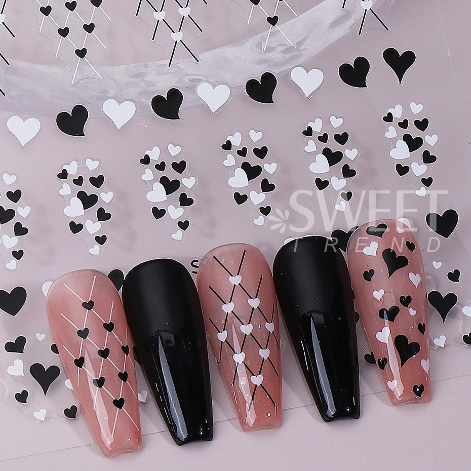4pcs Black White Red Love Heart Nail Sticker Simple French Lines Star Love Adhesive Decal Valentine Design Manicure Decor Slider