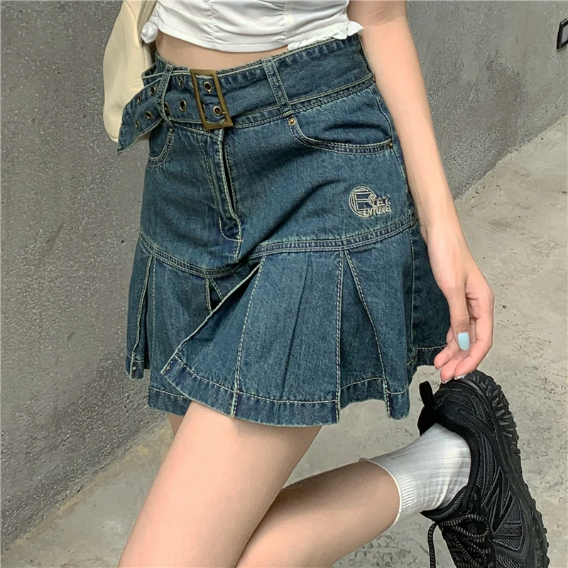 

Pleated Skirts Jeans Female Casual Pocket A-line Short Skirts Women Summer Vintage Denim Mini Skirts Sexy Solid Colour Kawaii