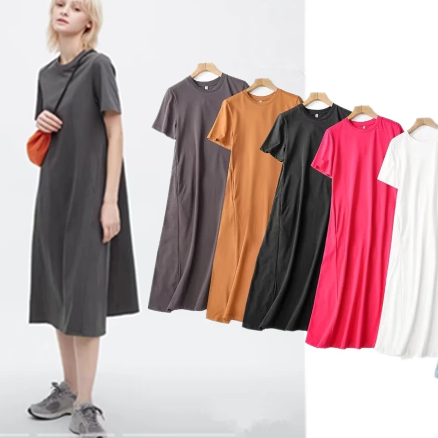 

Maxdutti Indie Folk For Dress Women Fashion Simple Pure Cotton Round Neck Summer Dress Loose Casual Mid