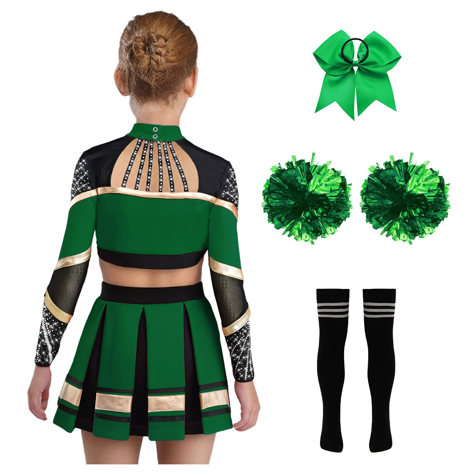 Cheerleader-Kostüm für Kinder, Mädchen, Cheerleading-Uniform, Tanz-Outfits, langärmeliges, transparentes Mesh-Crop-Top mit Strasssteinen und Faltenrock – Detail 6