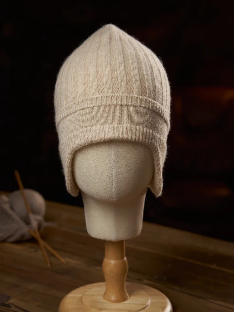 Cashmere Knit Earflap Caps Ribbing Thick Beanies 2023 Winter Vintage Hat Soft Hat Wool Blend Warm Hair Bonnet for Women Men 4